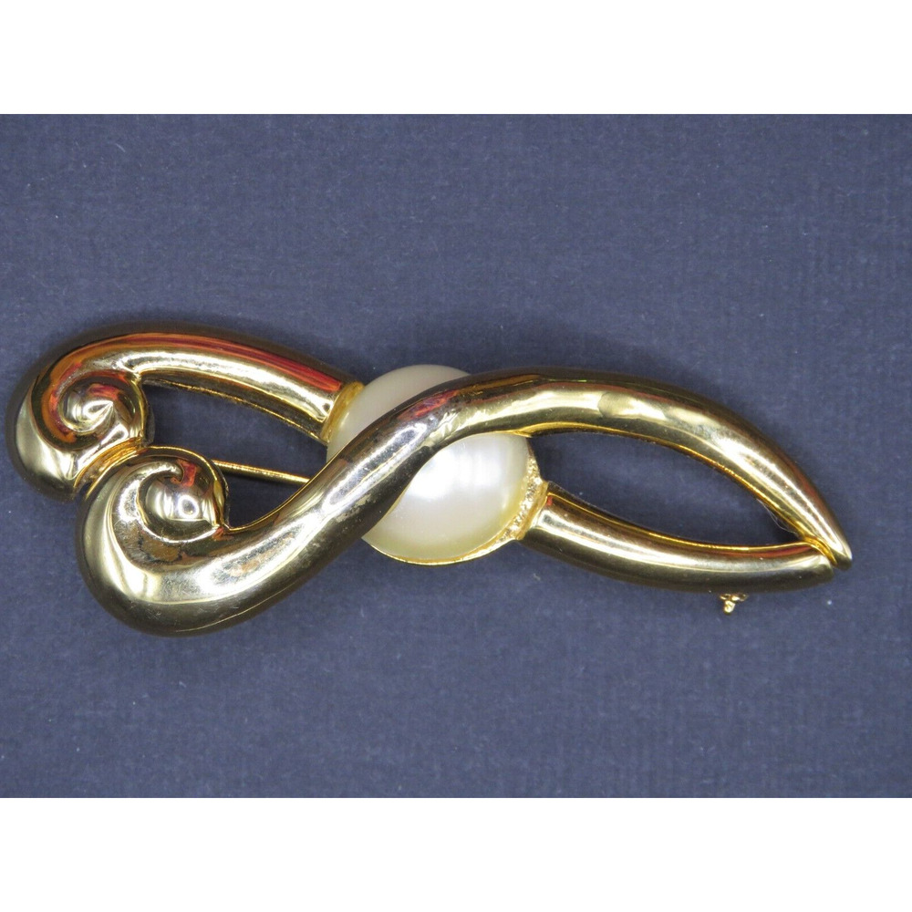Vintage Brooch Swirl Pin Gold Tone With Faux Pearl 3" With Gift Box